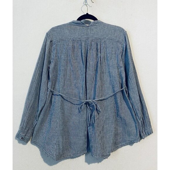 Free People Top Womens Small All Who Wander Blue Striped Gauzy Frayed Hem - Picture 4 of 8